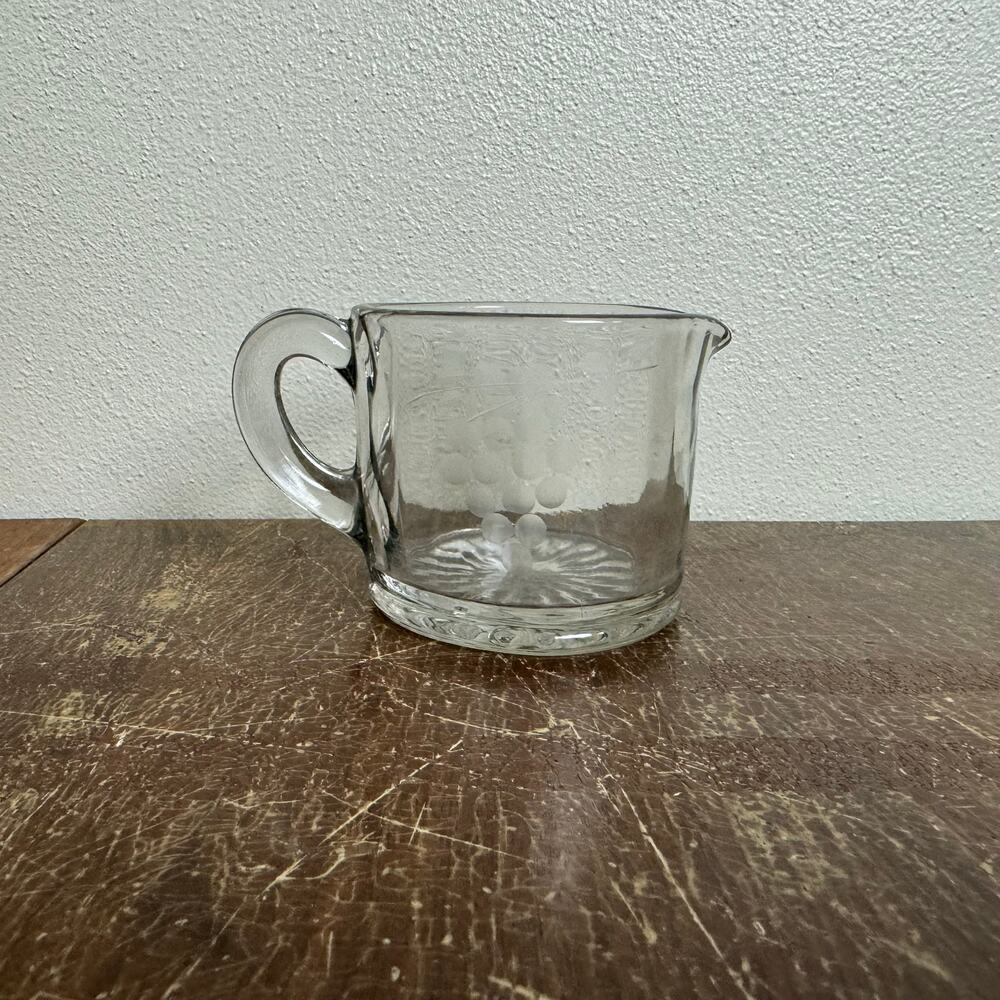 Clear Pressed Glass Etched Grape Design Creamer Cup with Spout